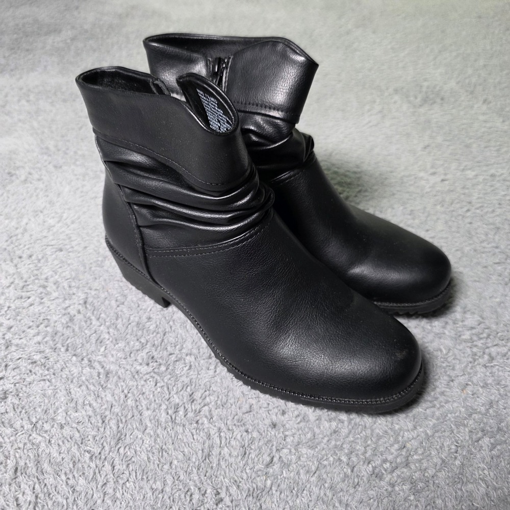 Croft & Barrow Womens 7.5 Rigina Ankle Boots Black Ruched Side Zip Block Heel